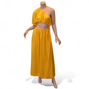 FARM RIO Yellow One-Shoulder Open Waist Maxi Dress – Size M – Linen Blend